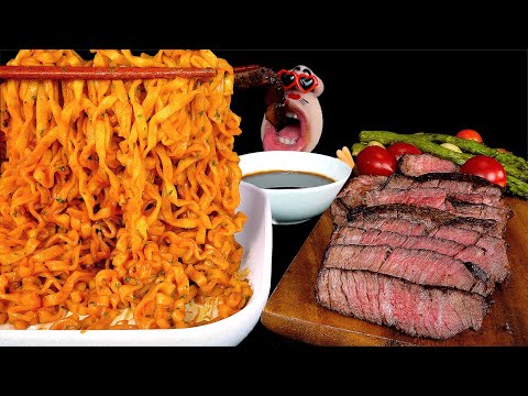 Видео: стейк из говяжьей вырезки и острая куриная лапша "CARBO" (4K)