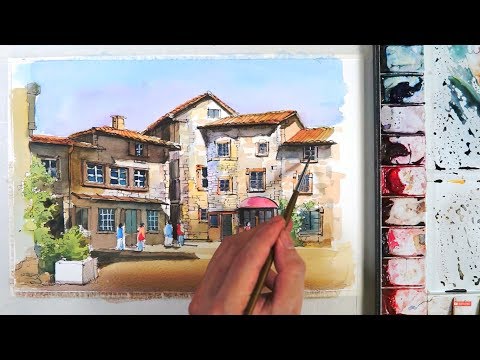 Видео: Ручка и акварель мытья: старая деревня Perouges во Франции
