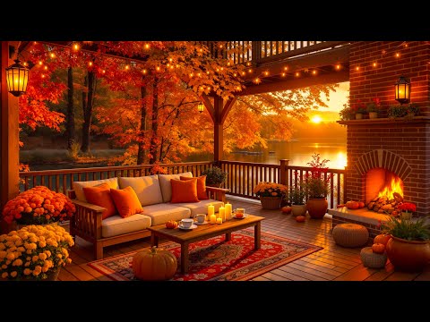 Видео: Тёплая музыка осеннего утра 🍂 Тихое кафе на веранде у озера с уютным камином для релаксации