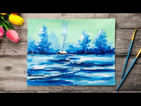 Видео: ЗИМНИЙ ПЕЙЗАЖ • Как нарисовать зиму • Подробный урок рисования • Легкий пейзаж акрилом / гуашью