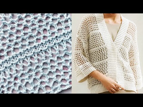 Видео: Лёгкая сетка с рельефными горизонталями / Ажурный узор кардигана от Кучинелли