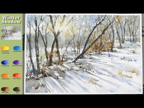 Видео: Без эскиза Пейзажная акварель - Зимняя тень (смешение цветов, Arches)NAMIL ART