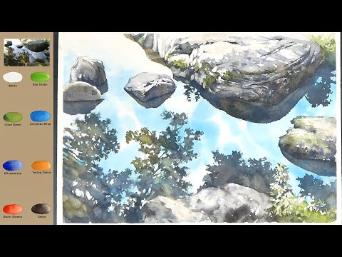 Видео: Пейзажная акварель - Потоковое воспроизведение (3x скорость, Просмотр названий цветов)
