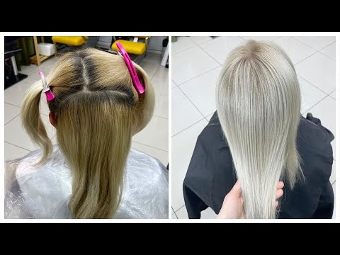 Видео: Пепельный блонд без желтизны с глубоким корнем. Осветление краской ранее окрашенных волос.