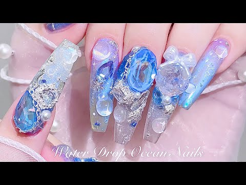 Видео: sub) Ногти с прозрачной водой и каплями моря!💙✨/🇰🇷Корейский маникюр / Нейл-арт / ASMR
