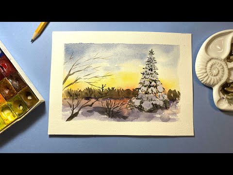 Видео: Зимний пейзаж с елкой и лесом на закате. Поэтапное рисование акварелью для начинающих