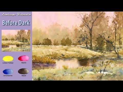 Видео: Без эскиза Пейзажная акварель - До темноты  (wet-in-wet, Arches rough) NAMIL ART