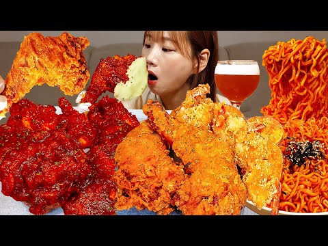 Видео: Sub)Real Mukbang- Гигантская курица 🍗 Огненная лапша (Булдак) 🔥 Пиво 🍺 ASMR