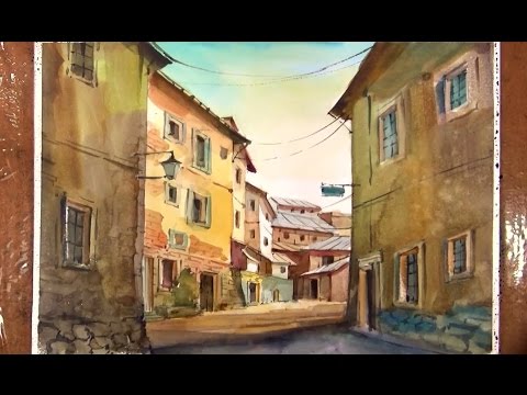 Видео: Акварельная живопись уличной сцены: Старая деревня
