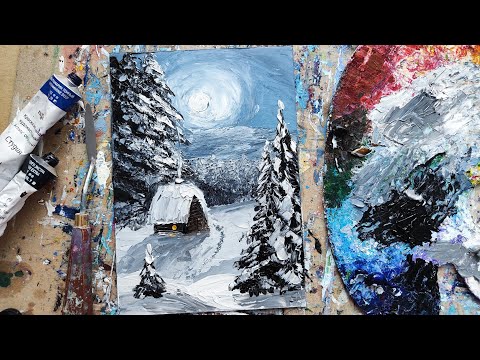 Видео: ЗИМНЯЯ НОЧЬ 🌕 мастихином (подробно про тоновые соотношения)