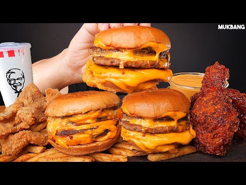 Видео: бургер и острая курица KFC FRIED CHICKEN 🍔🍟 DOUBLE CHEESEBURGERS FRENCH FRIES ASMR MUKBANG