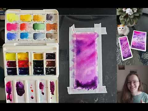 Видео: Книжная закладка акварелью - веточка на фоне фиолетового неба