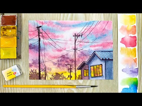 Видео: Как нарисовать закат акварелью. Прекрасный закат в домах. Акварель для начинающих