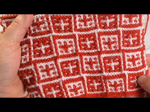 Видео: Узор "Клетки с крестиками" / Мозаика / Вязание спицами.