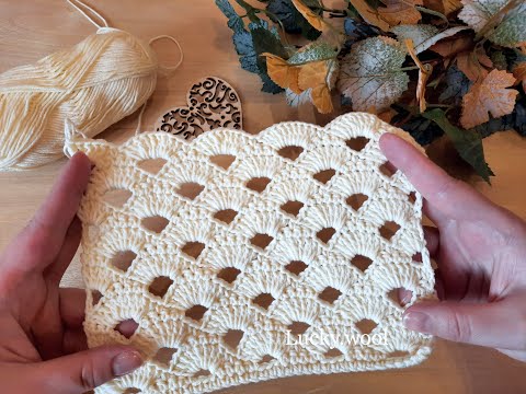 Видео: Вяжем легкий узор с веерами крючком. ( N 1)