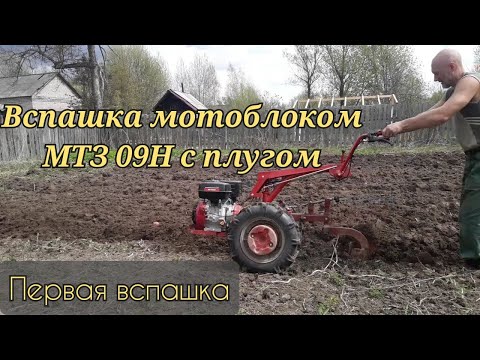 Видео: Вспашка мотоблоком МТЗ 09Н с плугом (первая вспашка)