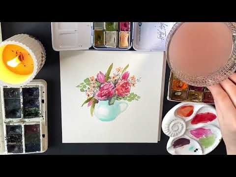 Видео: Акварельный букет цветов в кувшине. Поэтапно рисуем Арт Вереск
