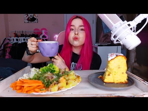 Видео: Рис с овощами и рыбкой,кулич мукбанг/еда на камеру mukbang