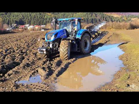 Видео: Сложная вспашка по мокрой и грязной почве трактором New Holland T7.290 AC с плугом Lemken Juwel 7