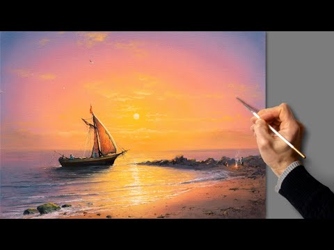 Видео: ❤️ Морской закат. Живопись акрилом. Уроки рисования. Искусство. Красивая картина. Хобби.