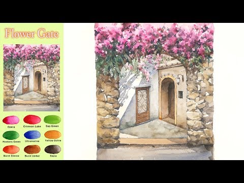 Видео: Пейзажная акварель - Цветочные ворота  (sketch & coloring, Arches rough) NAMIL ART