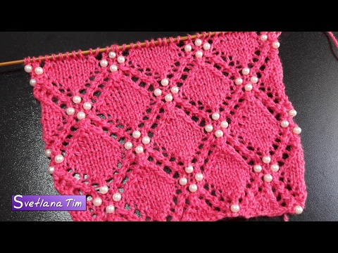 Видео: Как вязать Узор спицами Ажурные Ромбы с бусинами / бисером. УЗОРЫ СПИЦАМИ + схема № 512