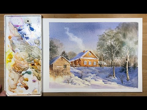 Видео: Демонстрация акварельного зимнего пейзажа
