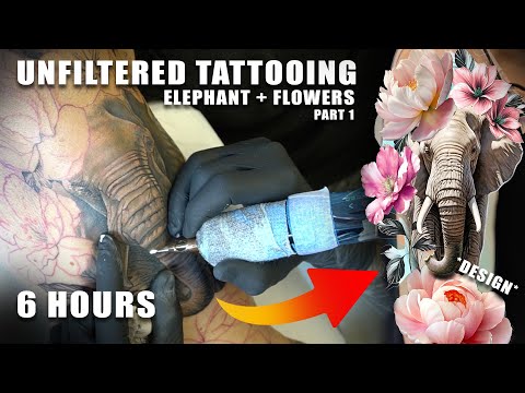 Видео: Татуировка слона и цветов | Видеоблог о татуировках за один день (часть 1)