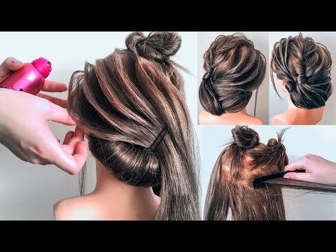 Видео: Красивая Прическа без валика пошагово. Прически на темных волосах. Низкий пучок ©LOZNITSA
