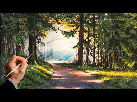 Видео: Живопись акрилом - лесной пейзаж. Уроки рисования. Искусство. Красивая картина. Хобби