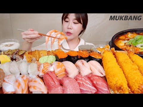 Видео: титр) Salmon Tuna Kimchi Beef Flatfish fin Sushi Fried Blacktiger Shrimp Roe REAL SOUND ASMR MUKBANG