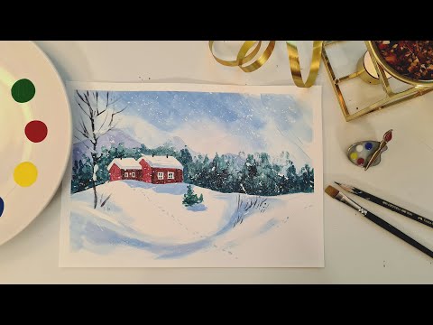 Видео: Рисуем зимний пейзаж гуашью