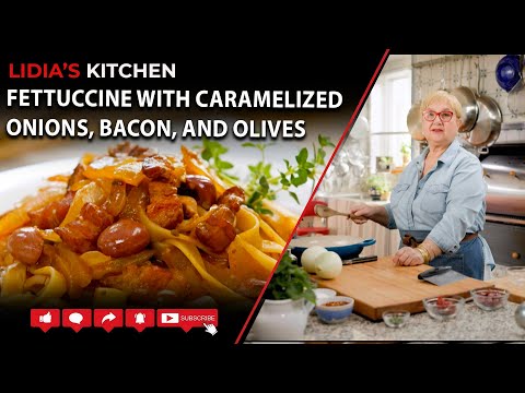 Видео: Феттучини с карамелизированным луком, беконом и оливками
