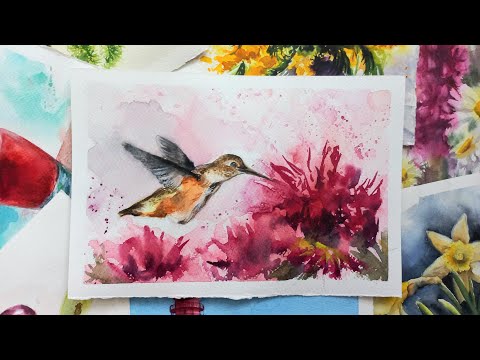 Видео: Рисуем колибри! Рисование акварелью - уроки рисования акварелью. Watercolour painting tutorial.