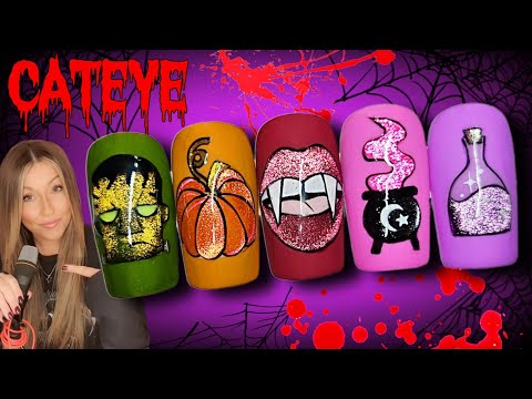 Видео: 😻 ПРОСТОЙ маникюр на Хэллоуин | Дизайн ногтей «кошачий глаз» | Тыквенный котёл с клыками | Идеи д...