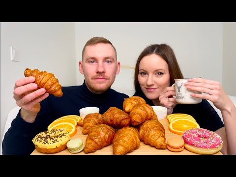 Видео: Мукбанг Круассаны пончики макаронс Mukbang Croissants doughnuts macarons