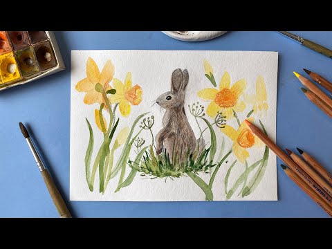 Видео: Как нарисовать КРОЛИКА в нарциссах акварелью. Рисуем поэтапно