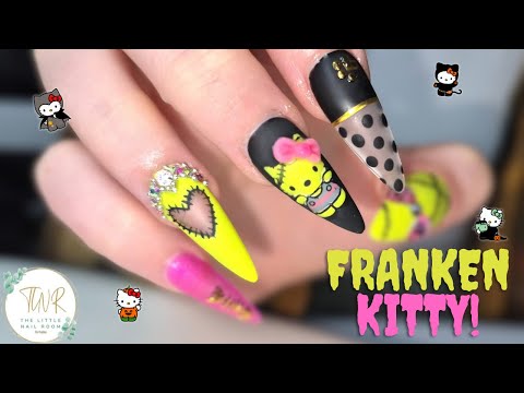 Видео: 👻 Урок по дизайну ногтей Hello Kitty на Хэллоуин | FRANKEN KITTY | Неоновый жуткий дизайн ногтей ...