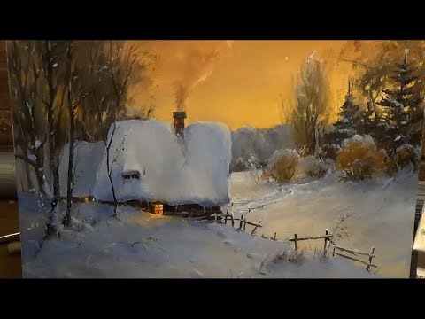 Видео: СУМЕРКИ. Уютный ЗИМНИЙ ПЕЙЗАЖ маслом. Как нарисовать зимний пейзаж, зиму.