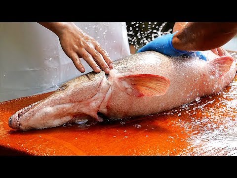 Видео: Тайская еда - Гигант Рыба Аллигатор пушистый жареная рыба Бангкок Таиланд