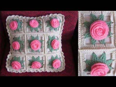 Видео: ДЕКОРАТИВНАЯ ПОДУШКА КРЮЧКОМ ИЗ МОТИВОВ С ОБЪЕМНЫМИ РОЗАМИ