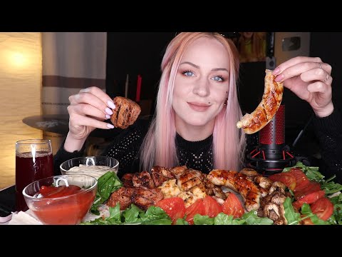 Видео: MUKBANG | Шашлык свинина, курица, колбаски с сыром | barbecue не ASMR