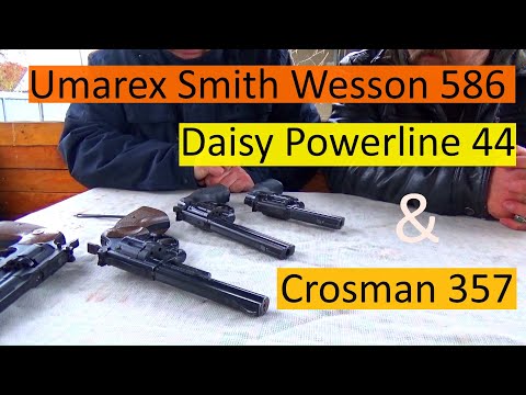 Видео: Сравнение Umarex Smith-Wesson 586 с Umarex-Daisy Powerline 44 и Crosman 357