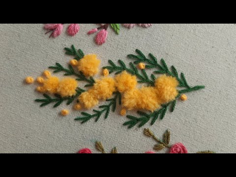 Видео: Ручная вышивка цветов мимозы: как вышить пушистые объемные цветы из помпонов шерстью. Урок 23