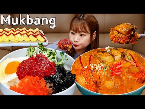 Видео: Sub)Real Mukbang- Пибимпап с острым крабом🦀 Рагу из краба с морским ушком🦪 Рулет из омлета🧈 ASMR