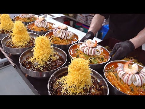 Видео: приготовление лапши изумительного стиля (Jajangmyeon, Jjamppong) - корейская уличная еда