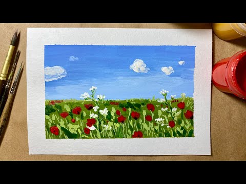 Видео: Поле с маками гуашью. Как нарисовать летний пейзаж гуашью. Рисование с нуля