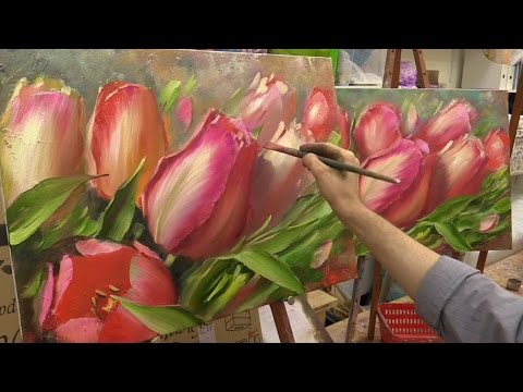 Видео: Весеннее тюльпаны. Мастер-класс. Tulips. Master class by Oleg Buyko on two canvases.