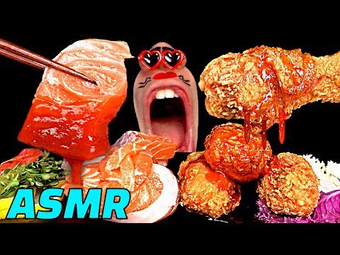 Видео: [ASMR] лосось сашими лапша и жареная курица едят звук
