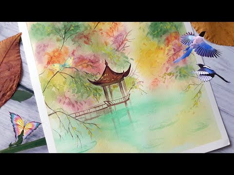 Видео: Красочный осенний пейзаж с пагодой🌿Пошаговое описание🍁 Акварель для начинающих🎨